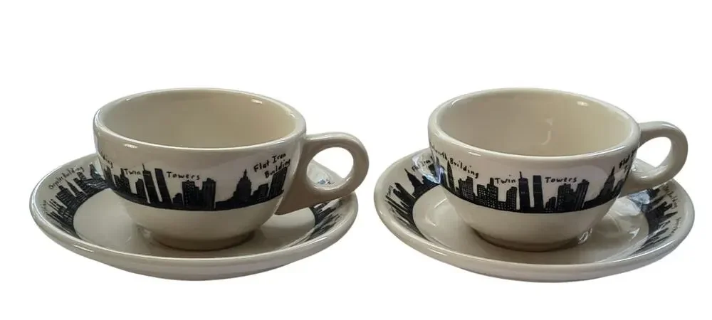 Homer Laughlin Fishs Eddy Cup Saucer Pair New York Skyline